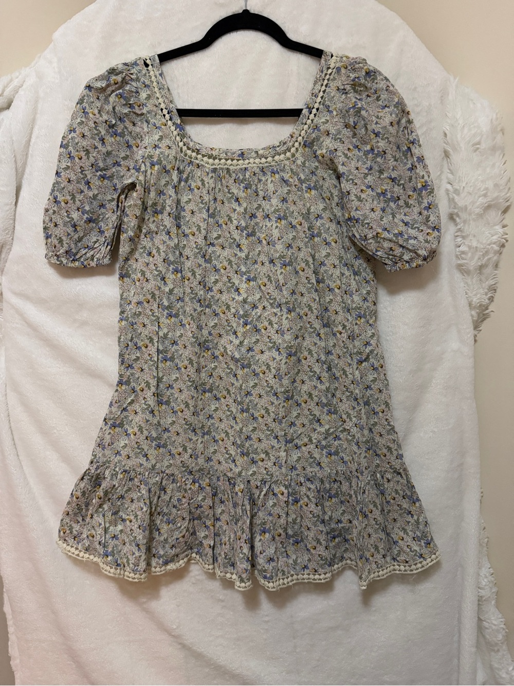 Urban Outfitters Cream Floral Puff-Sleeve Dress with Blue and Yellow Accents